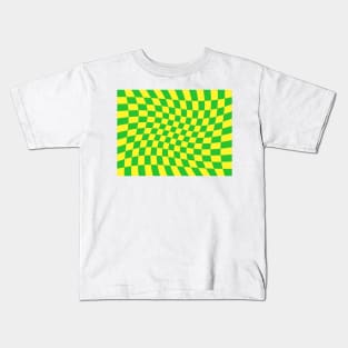 Twisted Checkered Square Pattern - Yellow & Green Kids T-Shirt